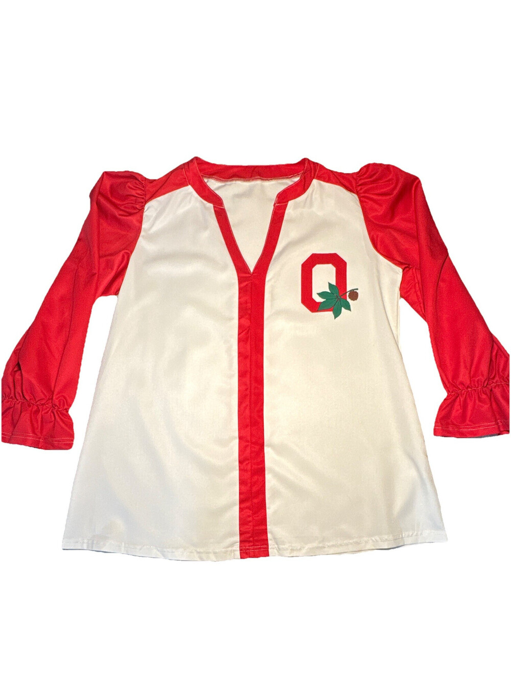 Women’s Ohio State White/Red Colorblock V-Neck 3/4 Puff Sleeve Pullover BlouseXL